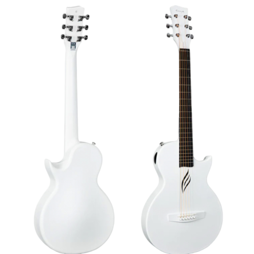 White coloured 6 strings guitar - specification - acoustic showcasing it's front and back